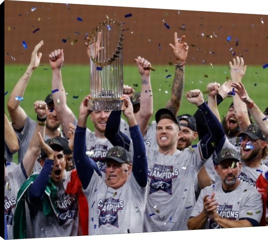 Floating Canvas Wall Art:  Atlanta Braves 2021 WS Champs Trophy Celebration Print Floating Canvas - College Football FSP - Floating Canvas   