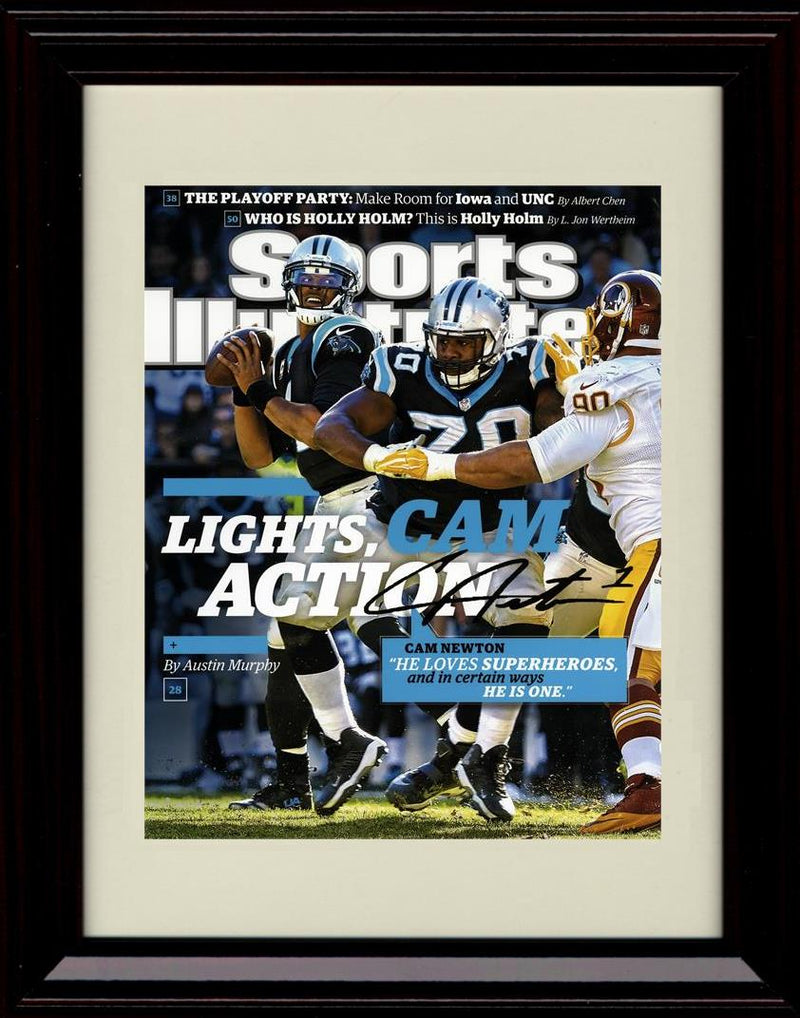 16x20 Framed Cam Newton - Carolina Panthers Autograph Promo Print - Sports Illustrated Cover - Lights, Cam, Action Gallery Print - Pro Football FSP - Gallery Framed   