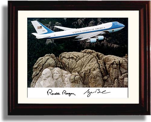 Framed Ronald Reagan and George Bush Autograph Promo Print - Air Force One over Mount Rushmore Framed Print - History FSP - Framed   