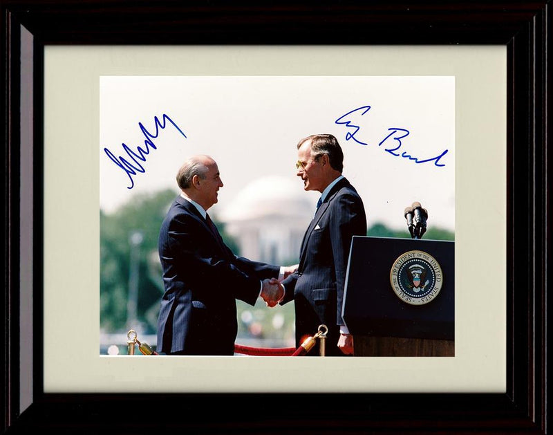 Unframed George H W Bush And Mikhail Gorbachev Autograph Promo Print - Shaking Hands At Podium Unframed Print - History FSP - Unframed   