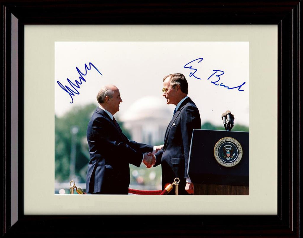 8x10 Framed George H W Bush And Mikhail Gorbachev Autograph Promo Print - Shaking Hands At Podium Framed Print - History FSP - Framed   