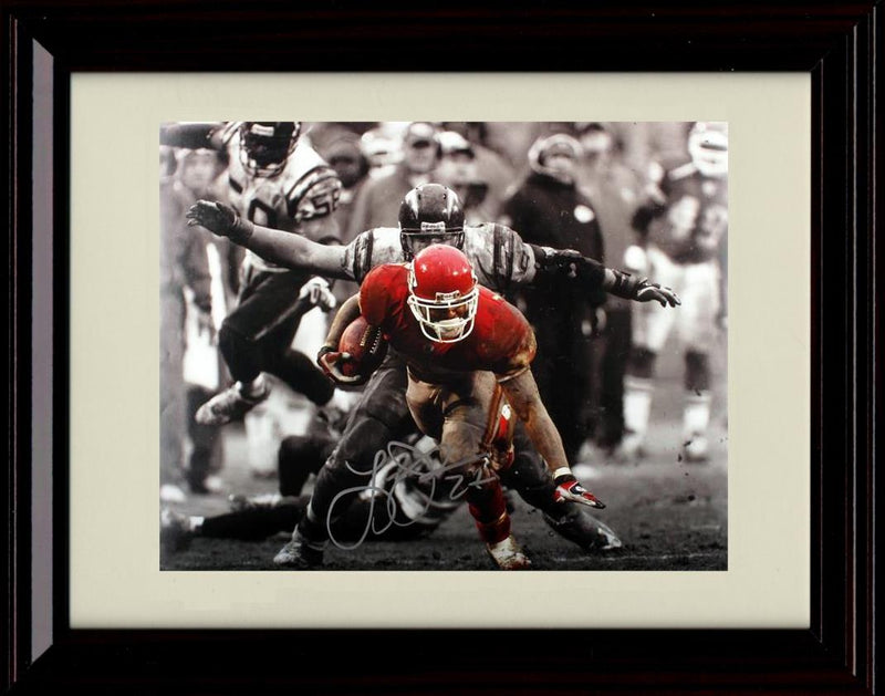 8x10 Framed Larry Johnson - Kansas City Chiefs Autograph Promo Print - Running The Ball  Black and White with Color Framed Print - Pro Football FSP - Framed   