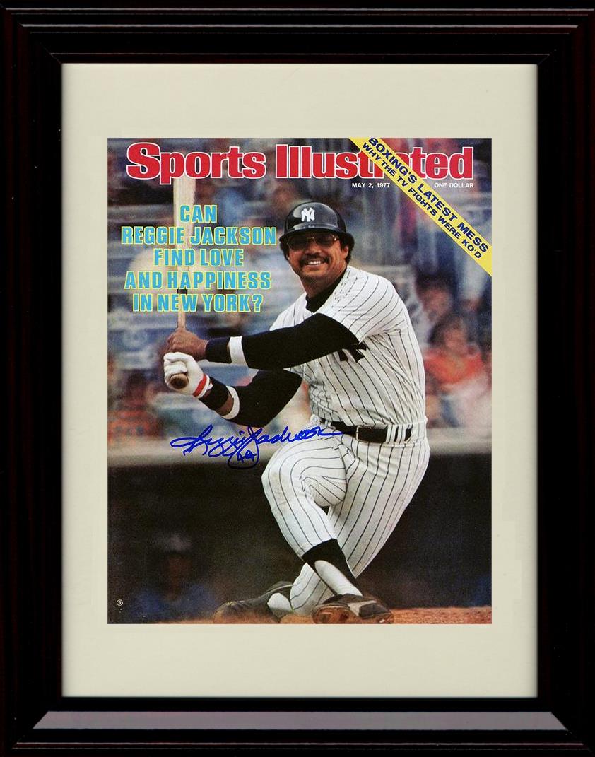 Framed 8x10 Reggie Jackson - 1977 Sports Illustrated Cover Swinging - New York Yankees Autograph Replica Print Framed Print - Baseball FSP - Framed   