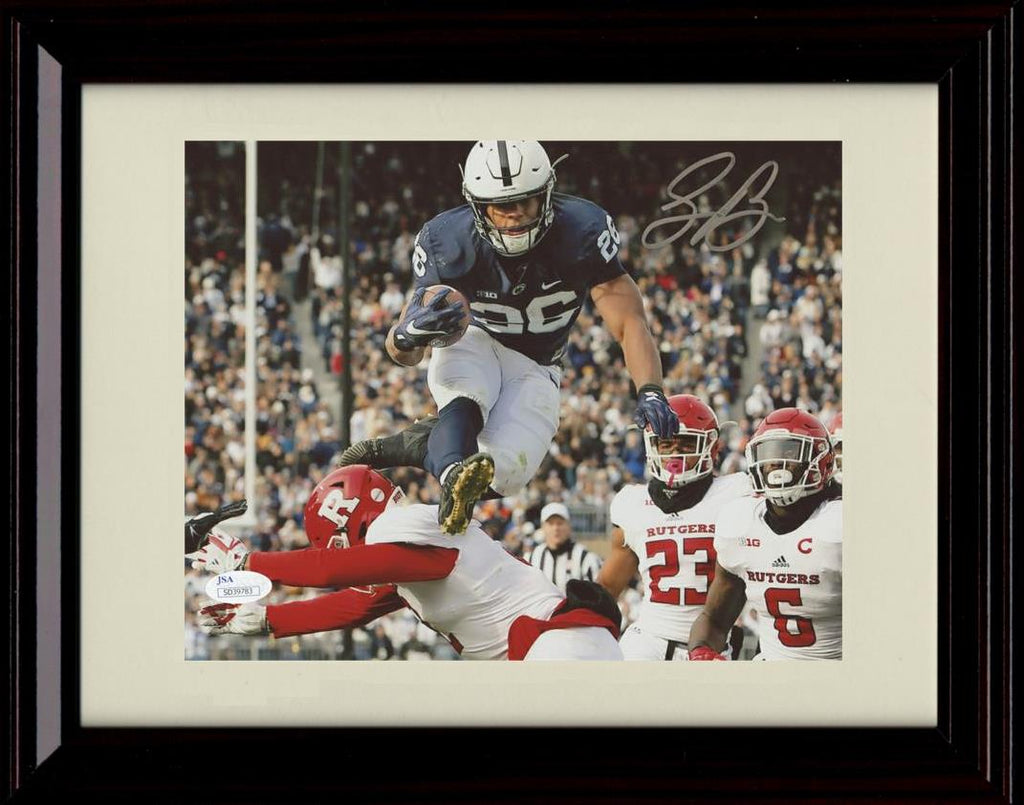 Framed 8x10 Saquon Barkley Autograph Promo Print - Penn State- Jumping And Running The Ball Framed Print - College Football FSP - Framed   